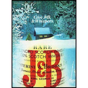 1981 J&B Scotch Christmas Tree Vintage Print Ad Snow Winter Cabin Wall Art